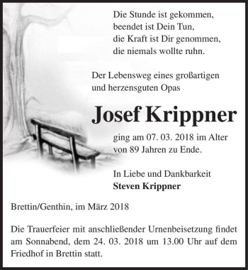 Traueranzeige von Josef Krippner  von Magdeburger Volksstimme