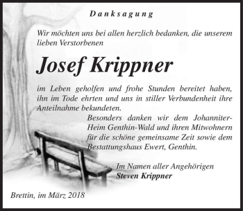 Traueranzeige von Josef Krippner  von Magdeburger Volksstimme