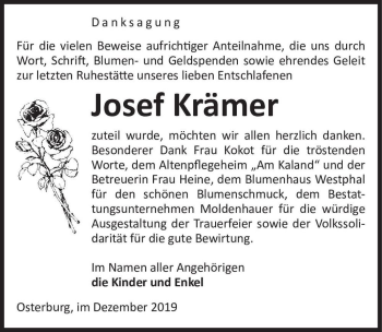 Traueranzeige von Josef Krämer  von Magdeburger Volksstimme
