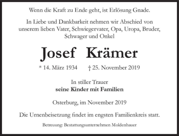 Traueranzeige von Josef Krämer  von Magdeburger Volksstimme