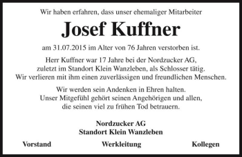 Traueranzeige von Josef Kuffner  von Magdeburger Volksstimme