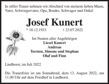 Traueranzeige von Josef Kunert  von Magdeburger Volksstimme