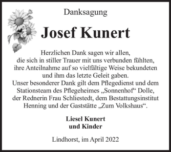Traueranzeige von Josef Kunert  von Magdeburger Volksstimme