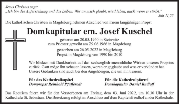 Traueranzeige von Josef Kuschel  von Magdeburger Volksstimme