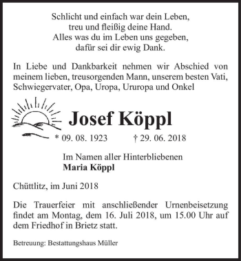 Traueranzeige von Josef Köppl  von Magdeburger Volksstimme
