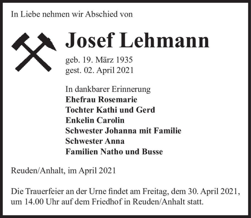  Traueranzeige für Josef Lehmann  vom 10.04.2021 aus Magdeburger Volksstimme