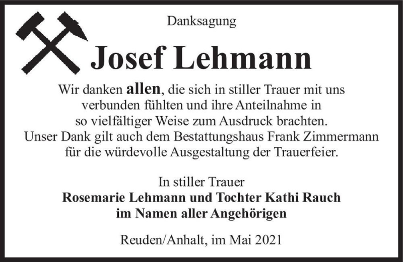  Traueranzeige für Josef Lehmann  vom 08.05.2021 aus Magdeburger Volksstimme
