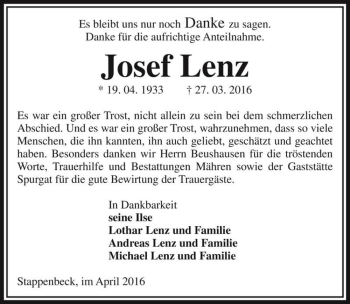 Traueranzeige von Josef Lenz  von Magdeburger Volksstimme