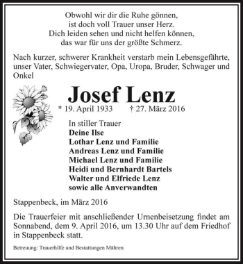Traueranzeige von Josef Lenz  von Magdeburger Volksstimme