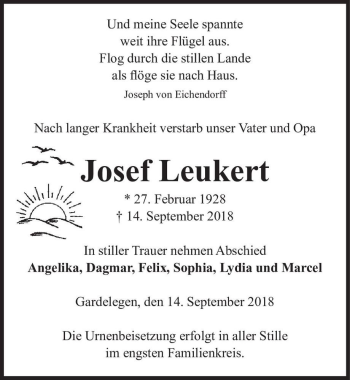 Traueranzeige von Josef Leukert  von Magdeburger Volksstimme