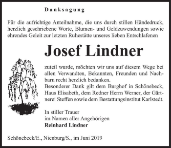 Traueranzeige von Josef Lindner  von Magdeburger Volksstimme