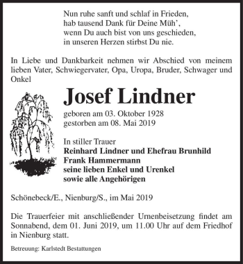 Traueranzeige von Josef Lindner  von Magdeburger Volksstimme