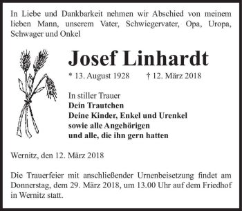Traueranzeige von Josef Linhardt  von Magdeburger Volksstimme