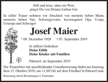 Traueranzeige von Josef Maier  von Magdeburger Volksstimme