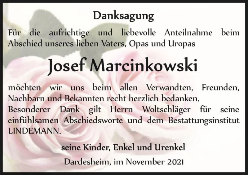  Traueranzeige für Josef Marcinkowski  vom 20.11.2021 aus Magdeburger Volksstimme