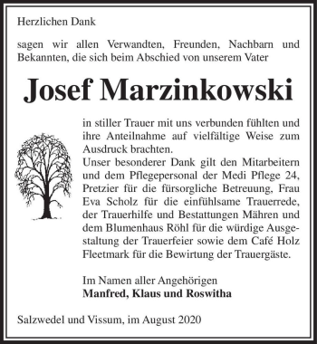 Traueranzeige von Josef Marzinkowski  von Magdeburger Volksstimme
