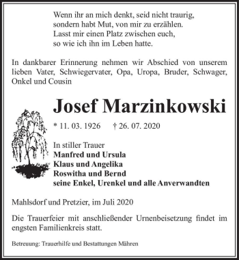 Traueranzeige von Josef Marzinskowski  von Magdeburger Volksstimme