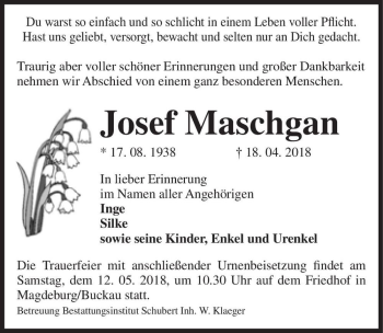 Traueranzeige von Josef Maschgan  von Magdeburger Volksstimme