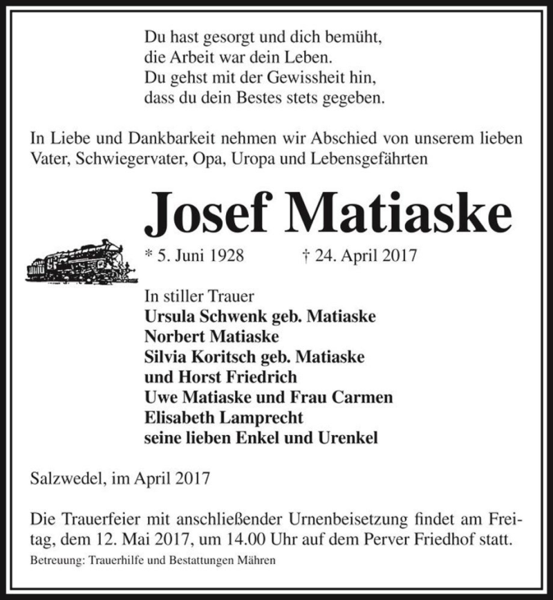  Traueranzeige für Josef Matiaske  vom 27.04.2017 aus Magdeburger Volksstimme
