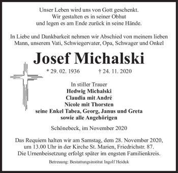 Traueranzeige von Josef Michalski  von Magdeburger Volksstimme