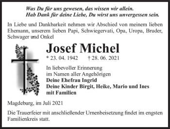 Traueranzeige von Josef Michel  von Magdeburger Volksstimme