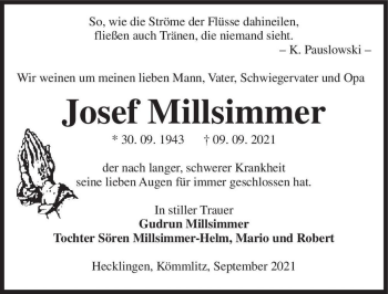Traueranzeige von Josef Millsimmer  von Magdeburger Volksstimme