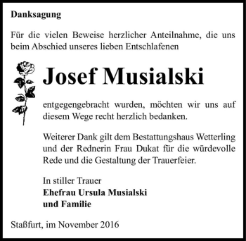 Traueranzeige von Josef Musialski  von Magdeburger Volksstimme