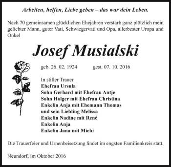 Traueranzeige von Josef Musialski  von Magdeburger Volksstimme