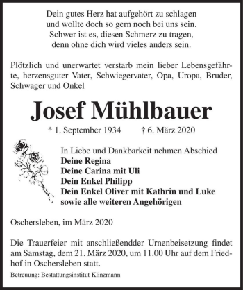 Traueranzeige von Josef Mühlbauer  von Magdeburger Volksstimme