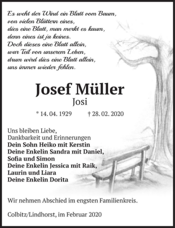 Traueranzeige von Josef Müller 