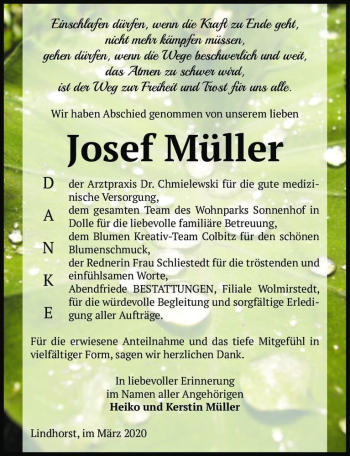 Traueranzeige von Josef Müller  von Magdeburger Volksstimme