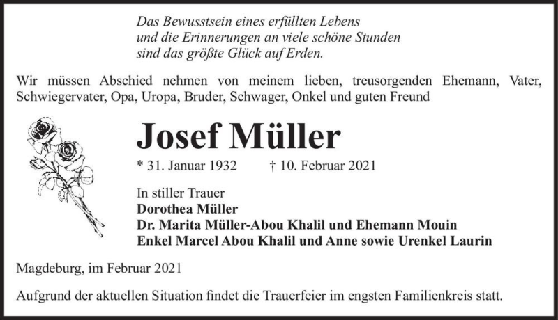  Traueranzeige für Josef Müller  vom 20.02.2021 aus Magdeburger Volksstimme