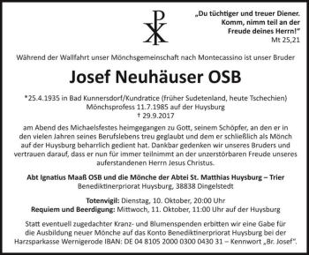 Traueranzeige von Josef Neuhäuser  von Magdeburger Volksstimme