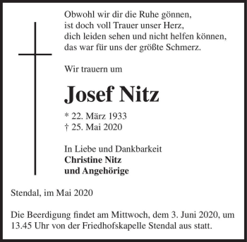 Traueranzeige von Josef Nitz  von Magdeburger Volksstimme