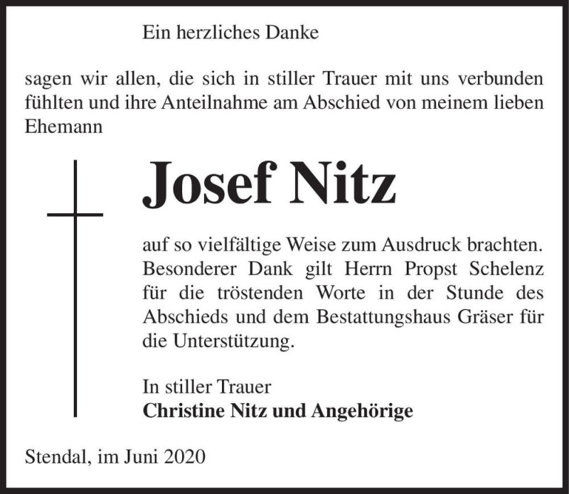  Traueranzeige für Josef Nitz  vom 10.06.2020 aus Magdeburger Volksstimme