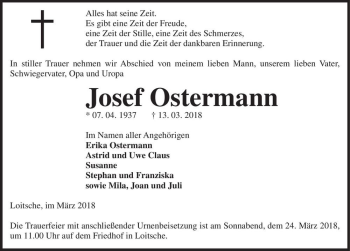 Traueranzeige von Josef Ostermann  von Magdeburger Volksstimme