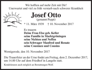 Traueranzeige von Josef Otto (genannt Peppi)  von Magdeburger Volksstimme