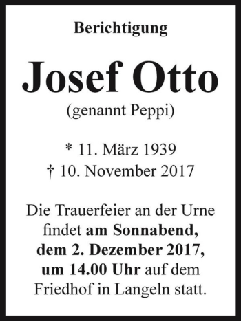 Traueranzeige von Josef Otto (genannt Peppi)  von Magdeburger Volksstimme