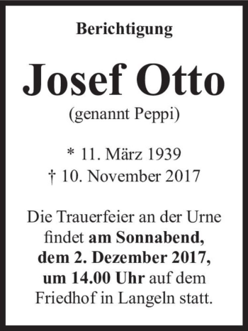 Traueranzeige von Josef Otto (genannt Peppi)  von Magdeburger Volksstimme