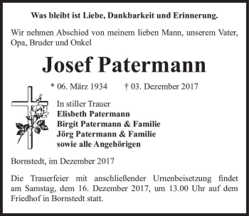 Traueranzeige von Josef Patermann  von Magdeburger Volksstimme