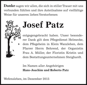Traueranzeige von Josef Patz  von Magdeburger Volksstimme