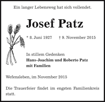 Traueranzeige von Josef Patz  von Magdeburger Volksstimme