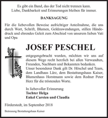 Traueranzeige von Josef Peschel  von Magdeburger Volksstimme