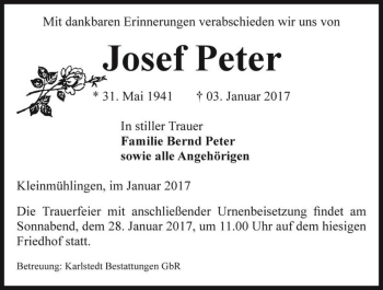 Traueranzeige von Josef Peter  von Magdeburger Volksstimme