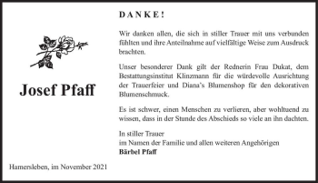 Traueranzeige von Josef Pfaff  von Magdeburger Volksstimme