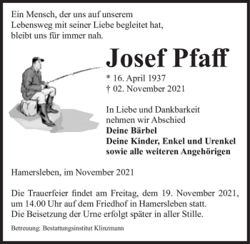 Traueranzeige von Josef Pfaff  von Magdeburger Volksstimme