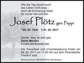 Traueranzeige von Josef Plötz (Peppi)  von Magdeburger Volksstimme