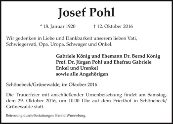 Traueranzeige von Josef Pohl  von Magdeburger Volksstimme