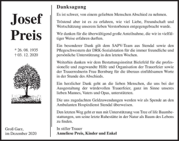 Traueranzeige von Josef Preis  von Magdeburger Volksstimme