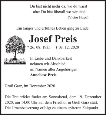 Traueranzeige von Josef Preis  von Magdeburger Volksstimme